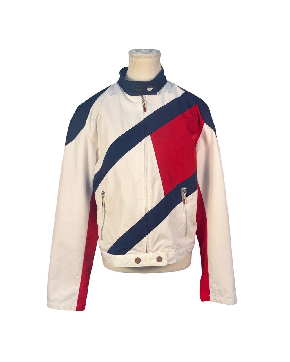 Vintage 2002 Tommy Jeans Red White Blue Full Zip Snap Strap Moto Biker Jacket L